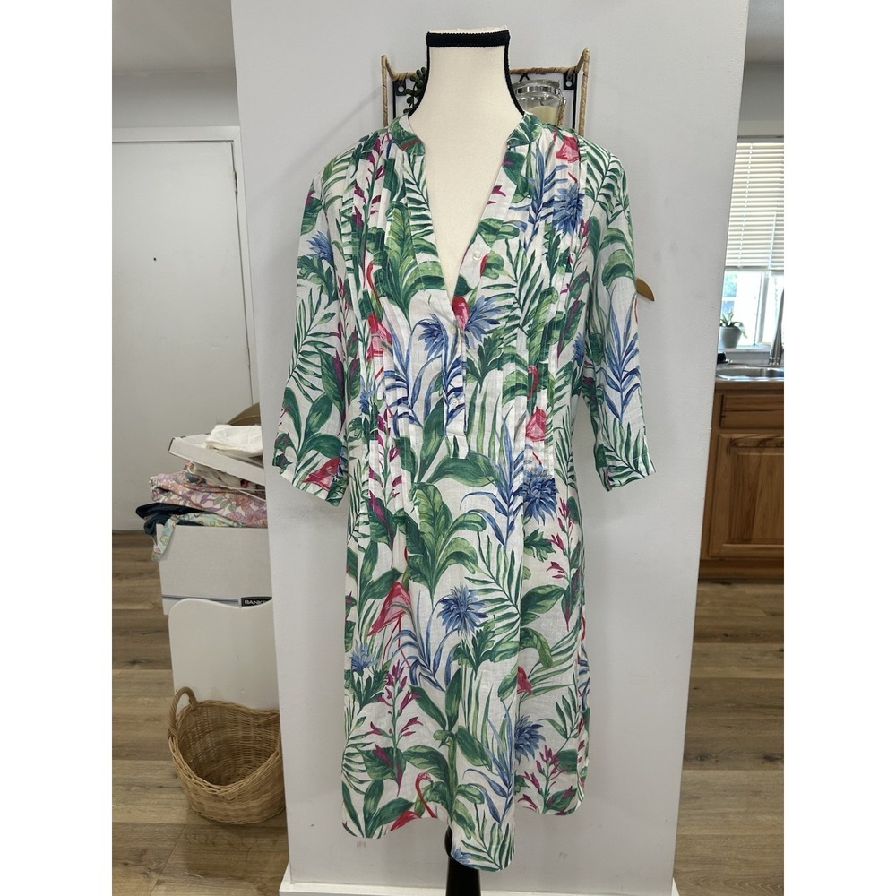 J MCLAUGHLIN Women Linen V- Neck Multi Color Floral 1/2 Sleeve TUNIC Dress Sz XS